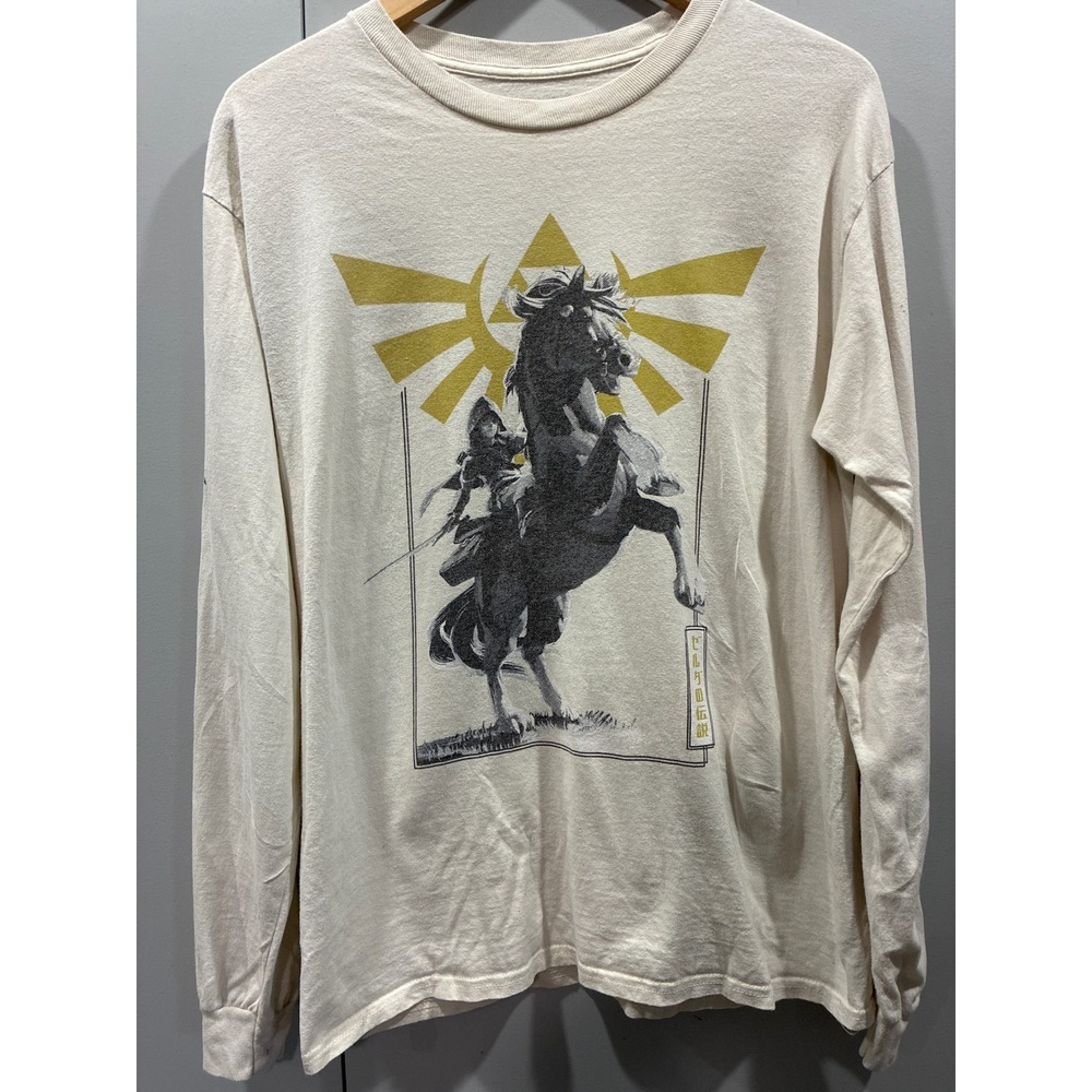 Legend of Zelda Link Epona Long Sleeve Graphic T-Shirt Cream Mens Medium